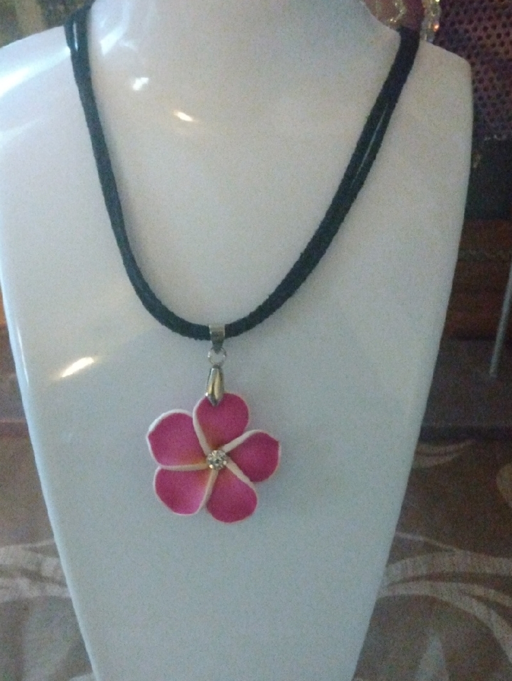 Pink Crafted Polymer Clay Plumeria Flower  Pendant Necklace - Women Jewelry